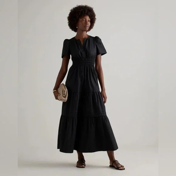 QUINCE 100% Organic Cotton Poplin Tiered Maxi Dress Black Size Small - Picture 4 of 14